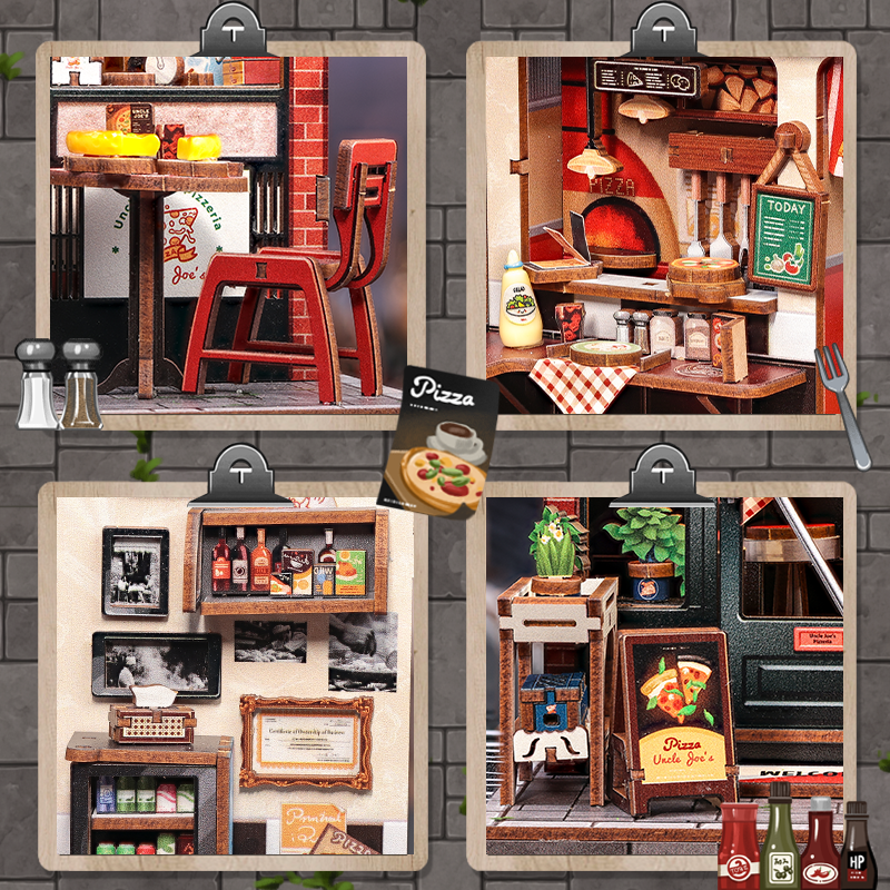 Uncle Joe's Pizzeria Dollhouse Kit - Miniature Wizardi Roombox Kit with LED Light F07M51-92-CWGC210