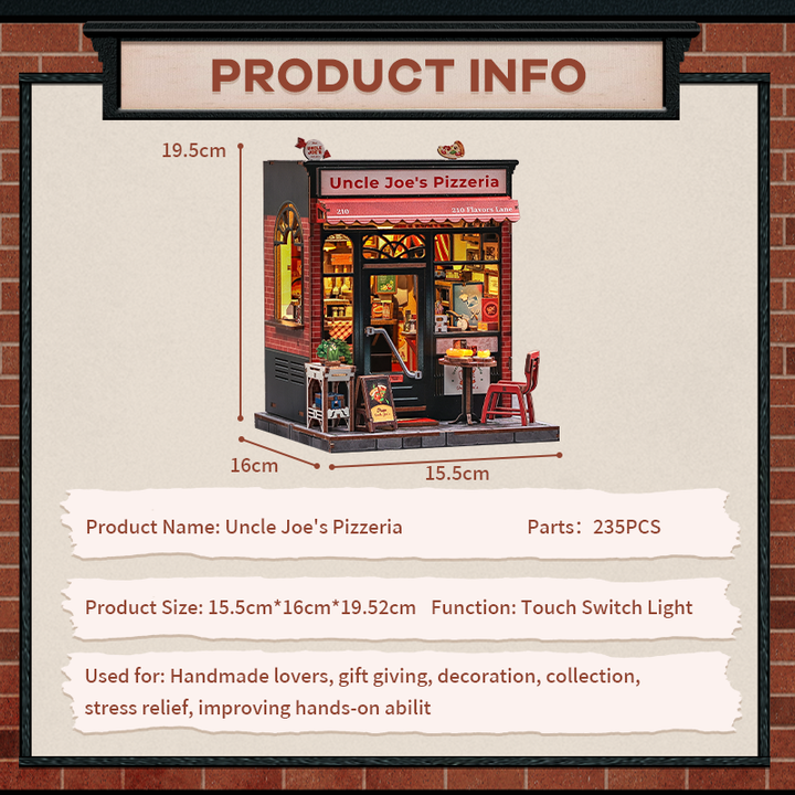 Uncle Joe's Pizzeria Dollhouse Kit - Miniature Wizardi Roombox Kit with LED Light F07M51-92-CWGC210