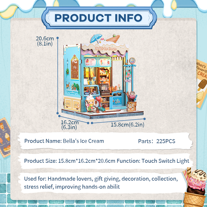 Bella's Ice Cream Dollhouse Kit - Miniature Wizardi Roombox Kit with LED Light F07M51-93-CWGC212