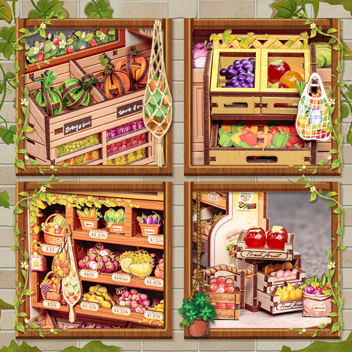 The Greens' Grocery Dollhouse Kit - Miniature Wizardi Roombox Kit with LED Light F07M51-94-CWGC213