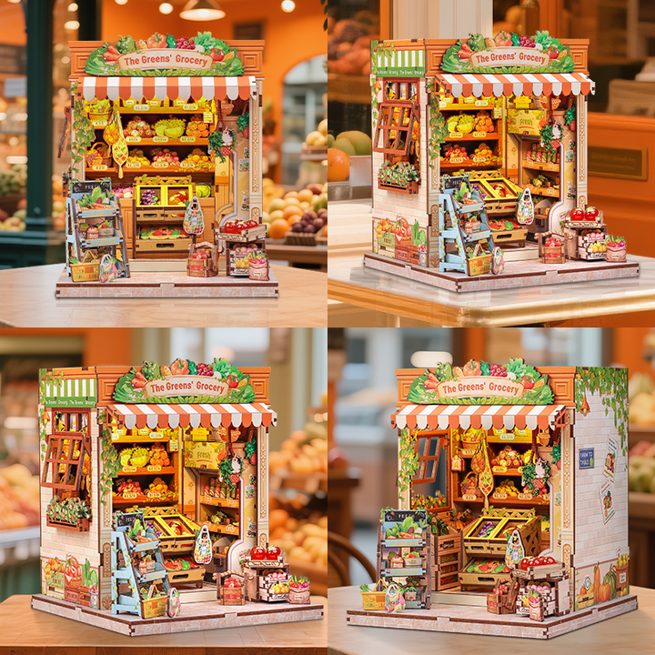 The Greens' Grocery Dollhouse Kit - Miniature Wizardi Roombox Kit with LED Light F07M51-94-CWGC213