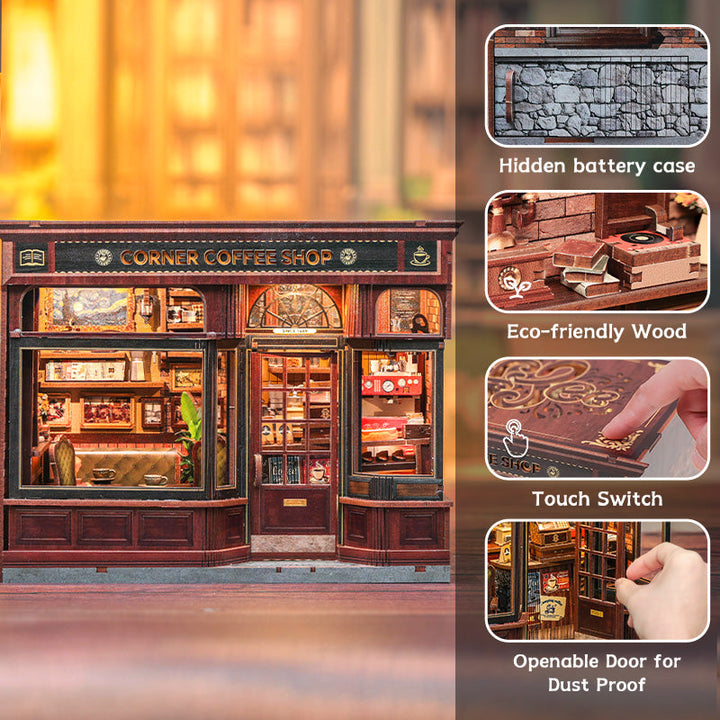Corner Coffee Shop Dollhouse Kit - Miniature Wizardi Roombox Kit with LED Light F07M51-96-GB402