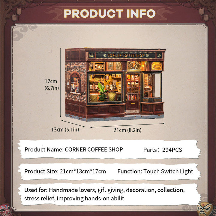 Corner Coffee Shop Dollhouse Kit - Miniature Wizardi Roombox Kit with LED Light F07M51-96-GB402