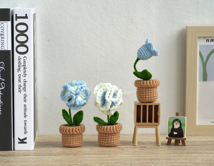Blue and White Flowers. Potted Flower Amigurumi DIY Crochet Kit Wizardi F07N8-M20