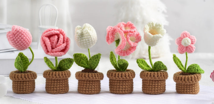 Pink and White Flowers. Potted Flower Amigurumi DIY Crochet Kit Wizardi F07N8-M23