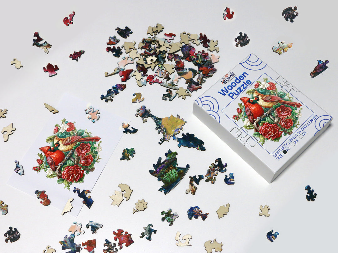 Cardinal and Roses - Jigsaw Wooden Puzzle by Wizardi F07N9-35