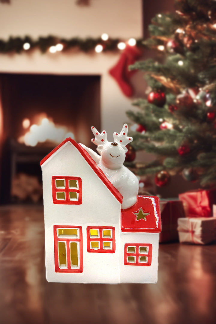 Cottage with Reindeer Christmas Ceramic Ornament by Wizardi F07N7-3