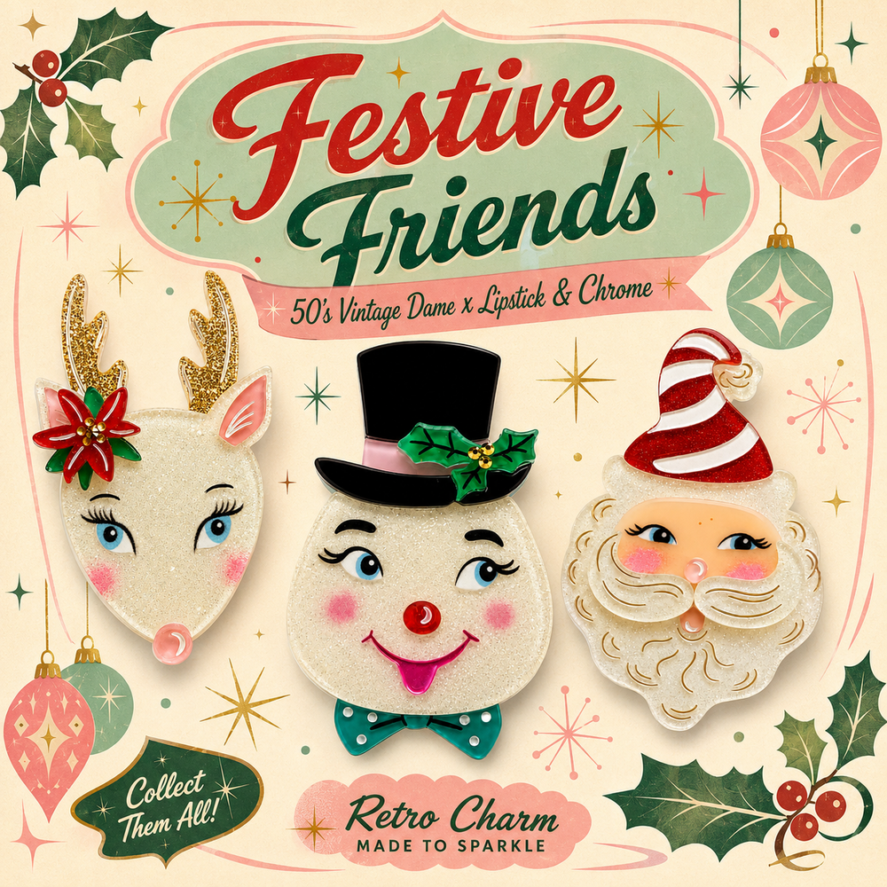Festive Friends Bundle
50’s Vintage Dame x Lipstick & Chrome

Meet the sweetest little crew of Christmas charmers.

The Festive Friends Bundle brings together three vintage-inspired holiday designs from 50’s Vintage Dame x Lipstick & Chrome, each full of retro sparkle, playful personality, and collectible Christmas magic.

This merry trio includes a glittering reindeer, a cheeky snowman, and a charming Santa, all designed with glossy layered acrylic, whimsical painted details, and that nostalgic mid-century
