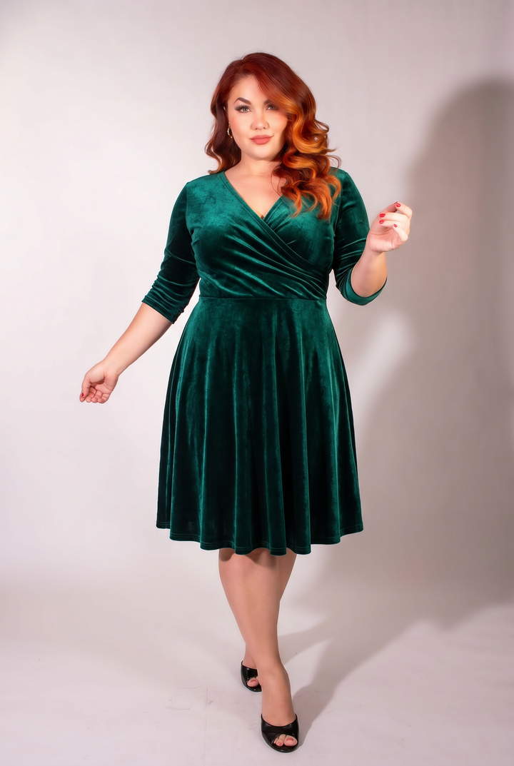 Joanie Knit Dress 3/4 Sleeve - Stretch Velvet, Hunter Green
