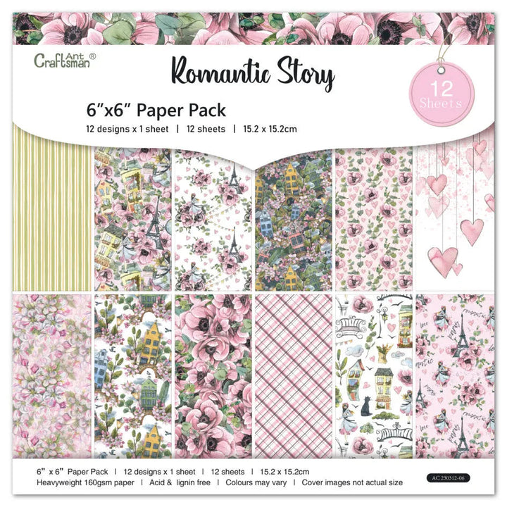 Romantic Story Scrapbook Paper Pack. 12 Sheets of 15.2x15.2cm Heavyweight Paper Pad F07M2-3 AC230312-06