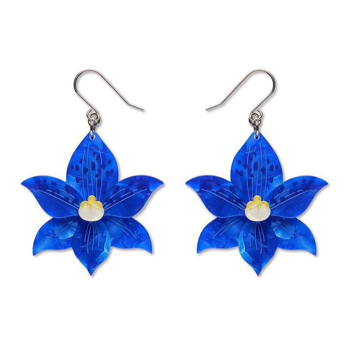 Spotted Sun-Orchid Drop Earrings handcrafted enamel by Erstwilder x Royal Botanic Gardens Victoria – front view