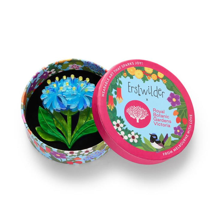 Blue Pincushion Brooch – Erstwilder x Royal Botanic Gardens Victoria collector's tin packaging
