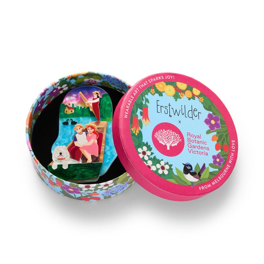 Love on Lake Punting Brooch – Erstwilder x Royal Botanic Gardens Victoria collector's tin packaging