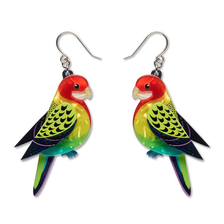 Eastern Rosella Drop Earrings handcrafted enamel by Erstwilder x Royal Botanic Gardens Victoria – front view