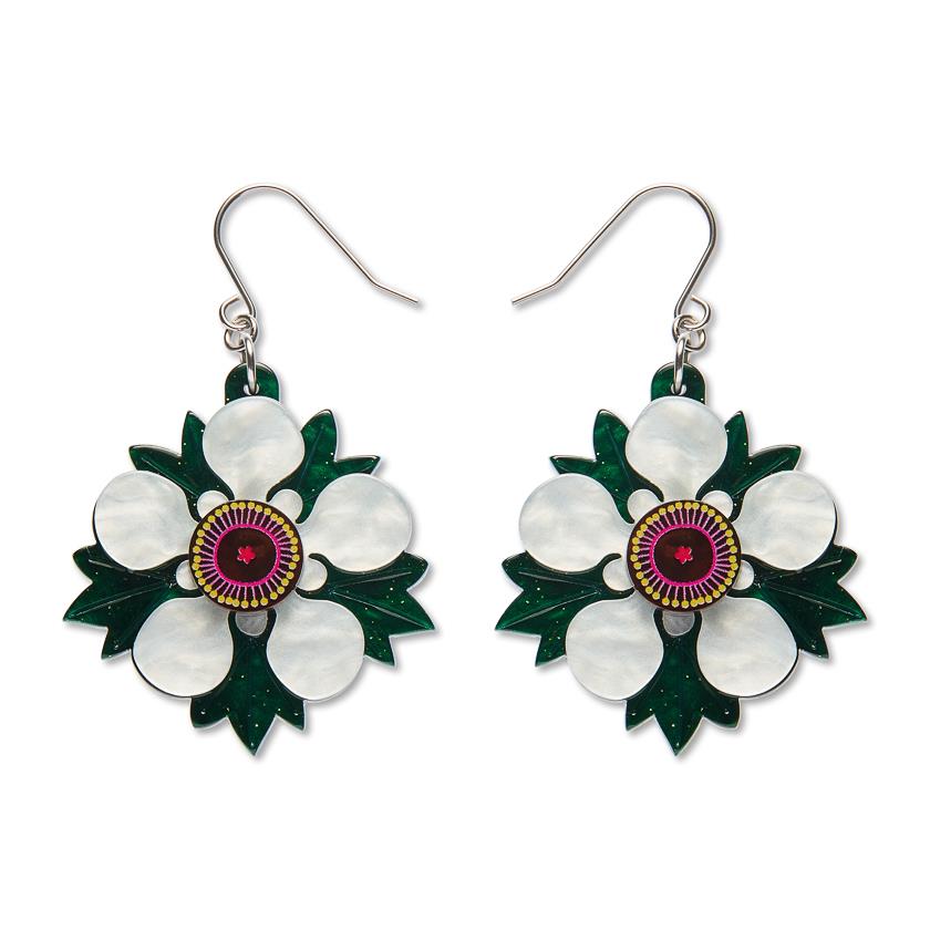 Mānuka Drop Earrings handcrafted enamel by Erstwilder x Royal Botanic Gardens Victoria – front view