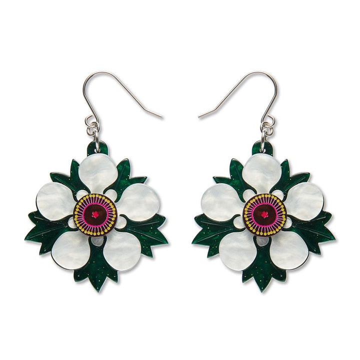 Mānuka Drop Earrings handcrafted enamel by Erstwilder x Royal Botanic Gardens Victoria – front view