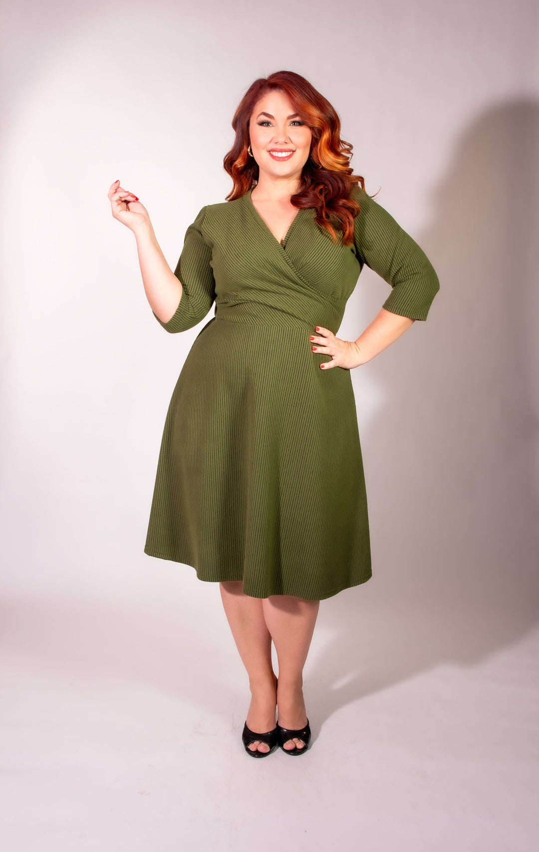Joanie Knit Dress 3/4 Sleeve - Olive, Brushed Rib Knit