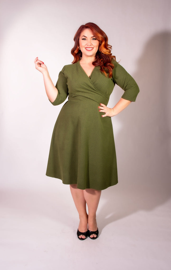 Joanie Knit Dress 3/4 Sleeve - Olive, Brushed Rib Knit