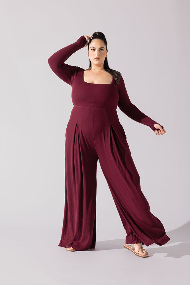 Go With The Flow Long Sleeve Jumpsuit - Garnet