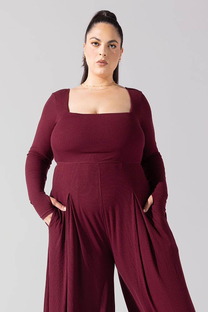 Go With The Flow Long Sleeve Jumpsuit - Garnet