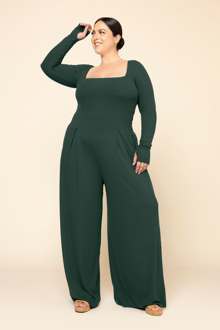 Go With The Flow Long Sleeve Jumpsuit - Pine