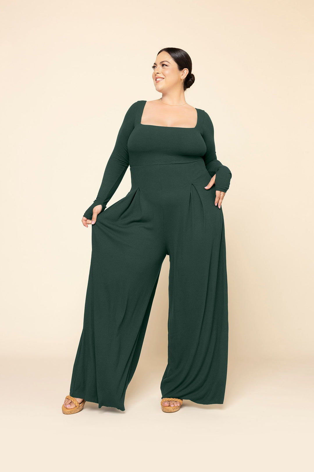 Go With The Flow Long Sleeve Jumpsuit - Pine