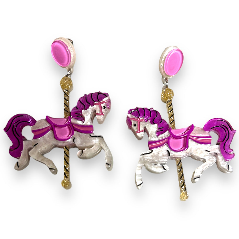 Funfair Carousel Horse Earrings by Lipstick & Chrome x MAKOKOT — handmade acrylic resin carousel horse earrings, 3" × 2"