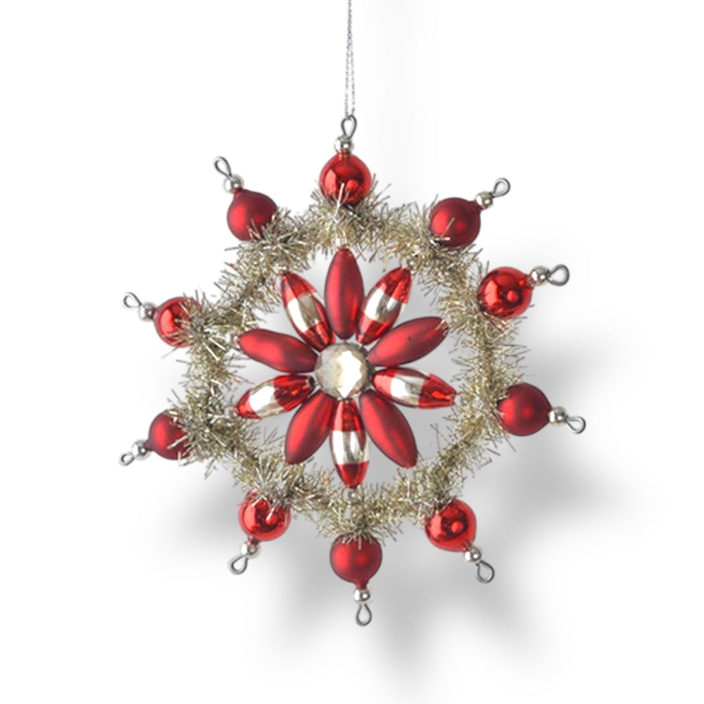 Vintage Style Glass & Tinsel Snowflake Ornament RED