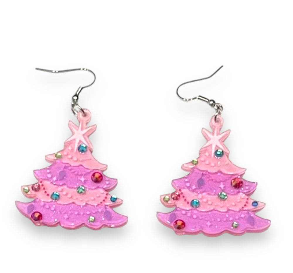 Oh Pinkmas Tree Earrings by Miss Fluff x Lipstick & Chrome — pink Christmas tree earrings with glittered resin and rhinestones, 32 elements