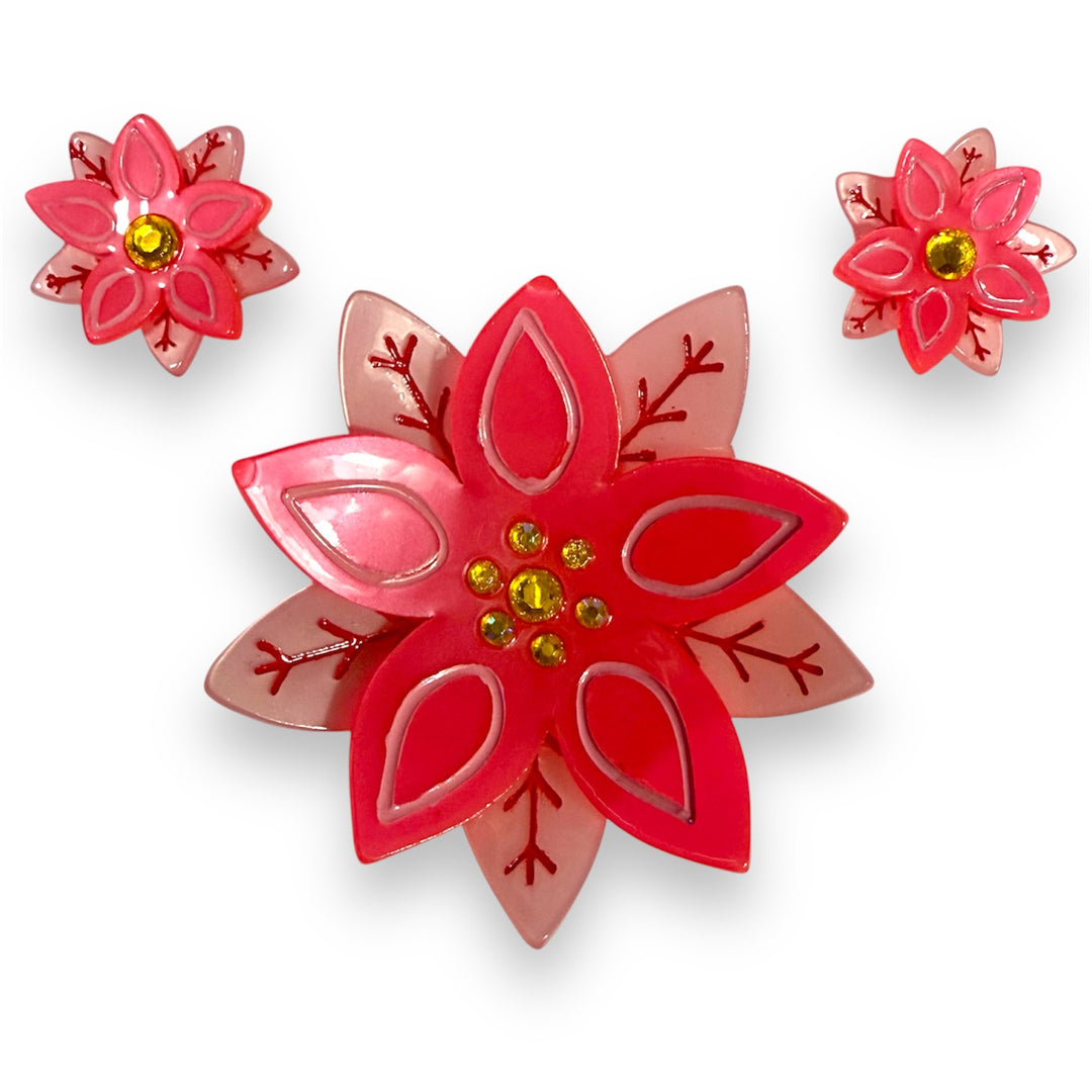 Pretty Poinsettia Brooch & Earring Set by Lipstick & Chrome