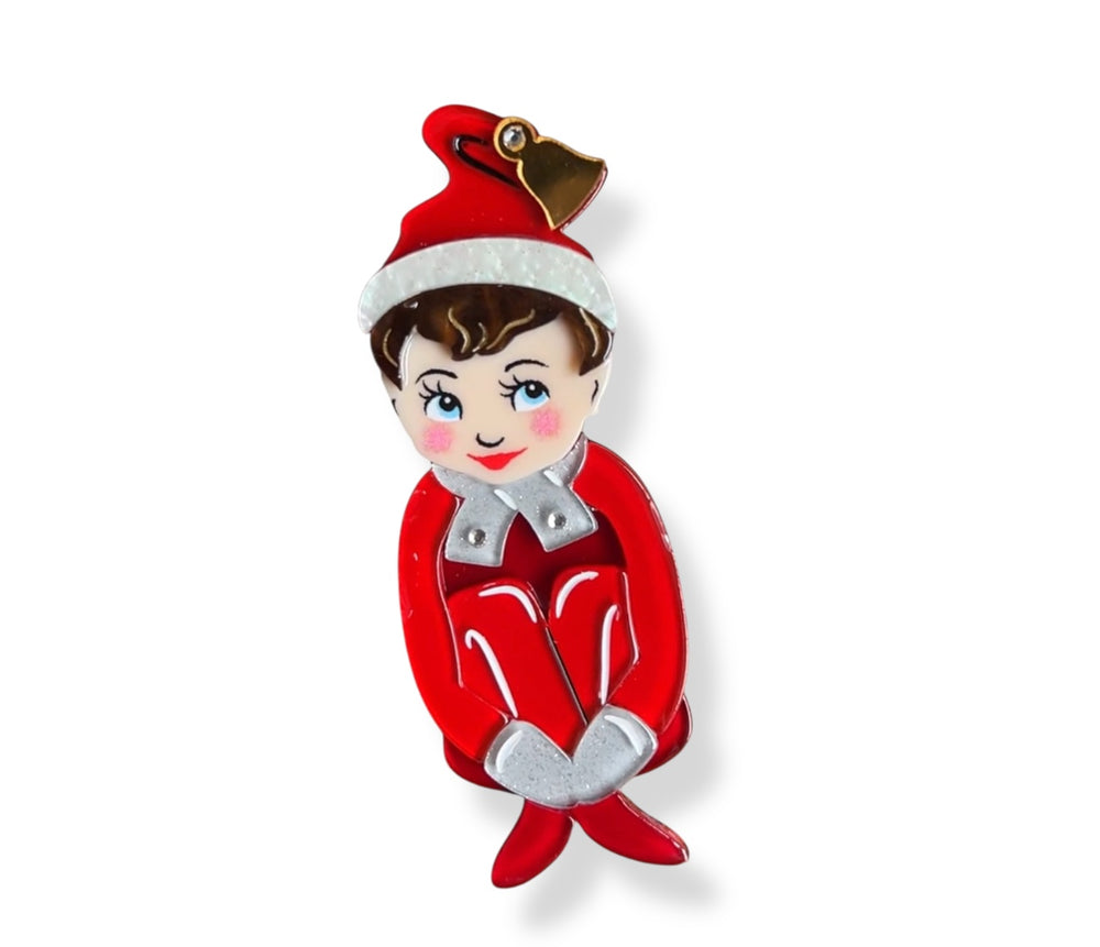 Merry Mischief Maker elf brooch by 50's Vintage Dame x Lipstick & Chrome — 13-piece acrylic holiday pin