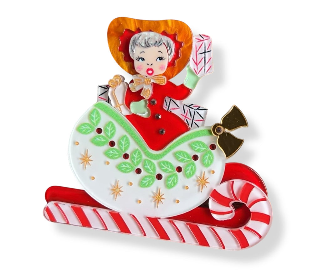 Sleigh All Day Christmas brooch by 50's Vintage Dame x Lipstick & Chrome — 2.8" x 2.6"