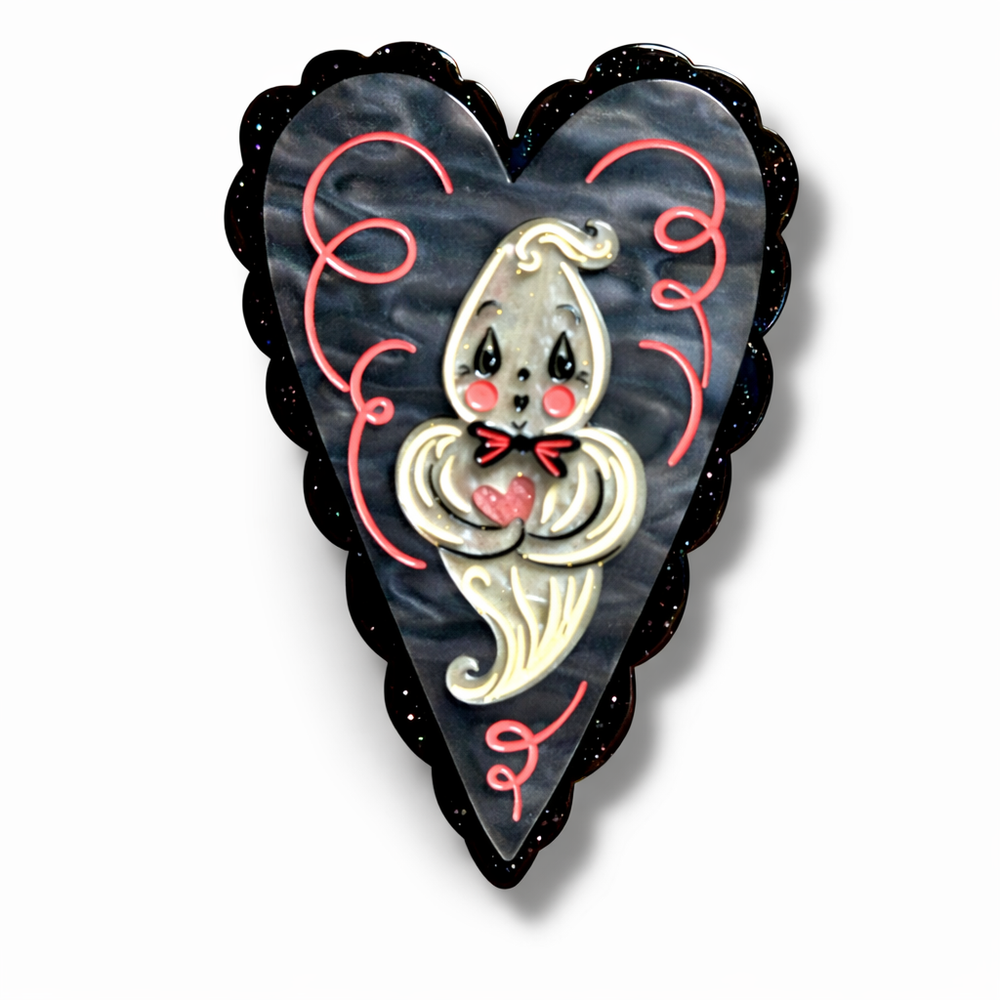 Haunted Heart Brooch by Johanna Parker x Lipstick & Chrome — Valloween ghostly heart brooch in glitter and jelly resin