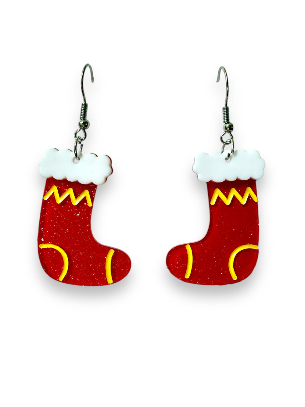 Christmas Stocking Drop Earrings by Lipstick & Chrome — laser-cut jelly and glitter resin Christmas stocking earrings