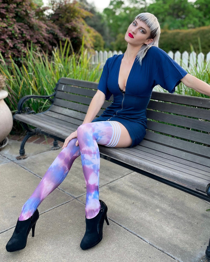 Madisen: Blue and Purple Tie Dye Thigh Highs. Petite to Plus Size