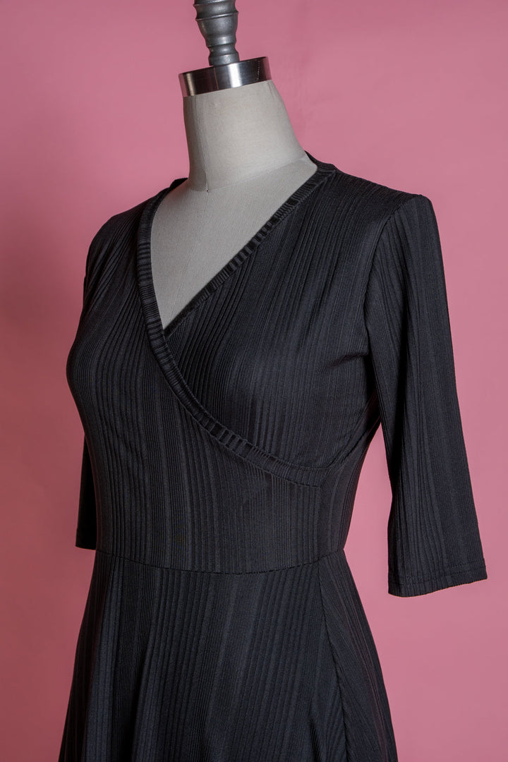 Joanie Knit Dress 3/4 Sleeve - Black Rib Knit