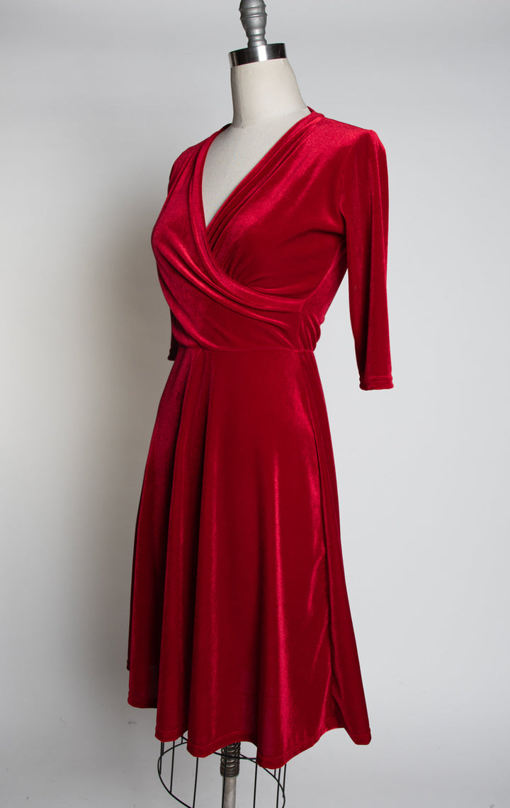 Joanie Knit Dress 3/4 Sleeve - Stretch Velvet, Red