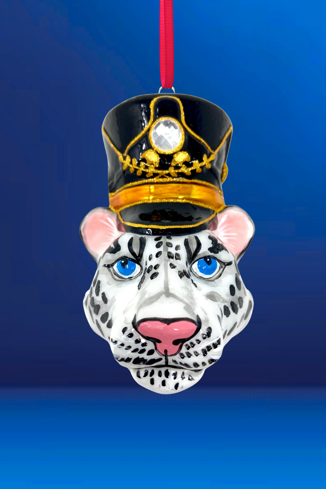 Royal Guard Snow Leopard Head Glass Ornament