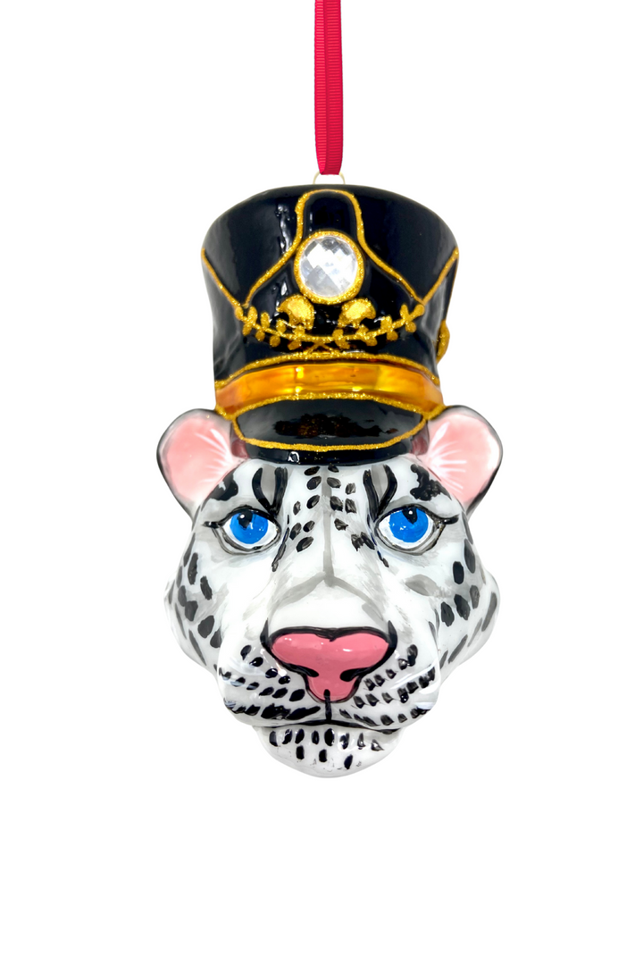 Royal Guard Snow Leopard Head Glass Ornament