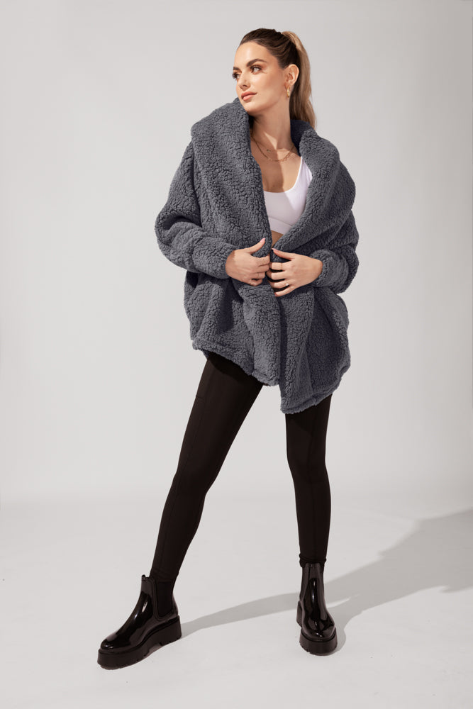 Faux Sherpa Cocoon Coat - Cool Grey