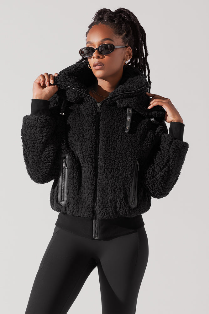 The Kinsley Bomber Jacket in Faux Sherpa - Black