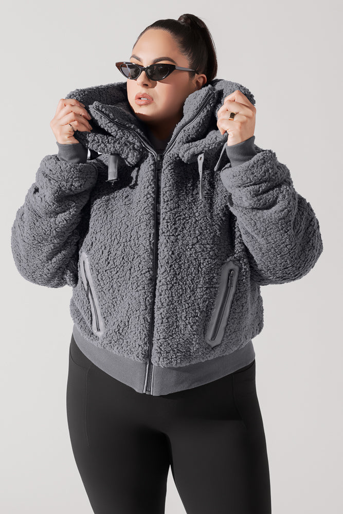 The Kinsley Bomber Jacket in Faux Sherpa - Grey