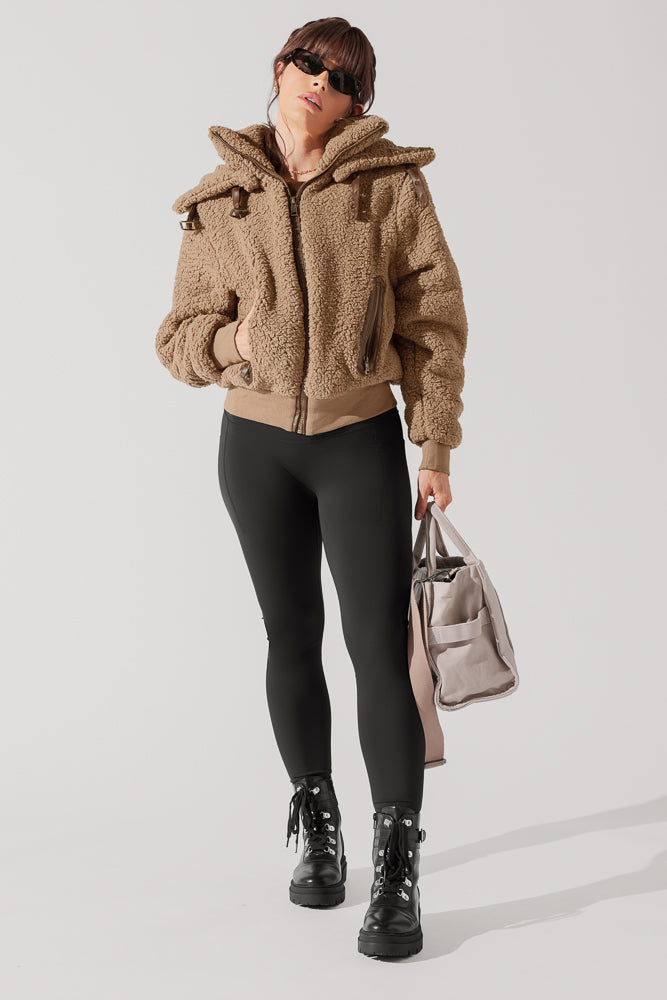 The Kinsley Bomber Jacket in Faux Sherpa - Teddy Bear Brown