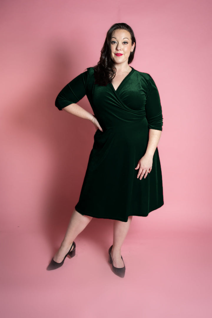 Joanie Knit Dress 3/4 Sleeve - Stretch Velvet, Hunter Green