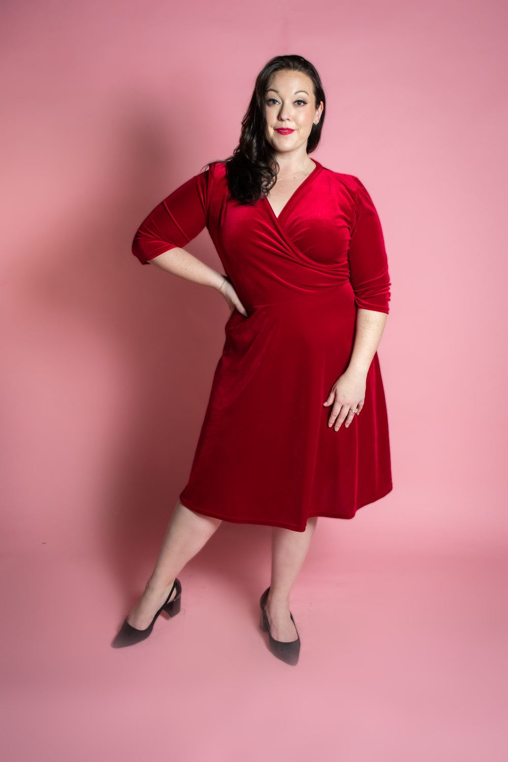 Joanie Knit Dress 3/4 Sleeve - Stretch Velvet, Red