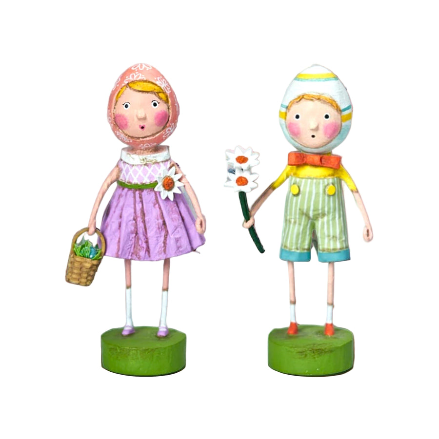 Meet Shelly and Shelldon, Lori Mitchell's newest Easter couple! Their adventure starts in 2024 with hand painted details and folk art styling to make this Easter pair truly one-of-a-kind. Put them together and you've got a hare-raising good time!