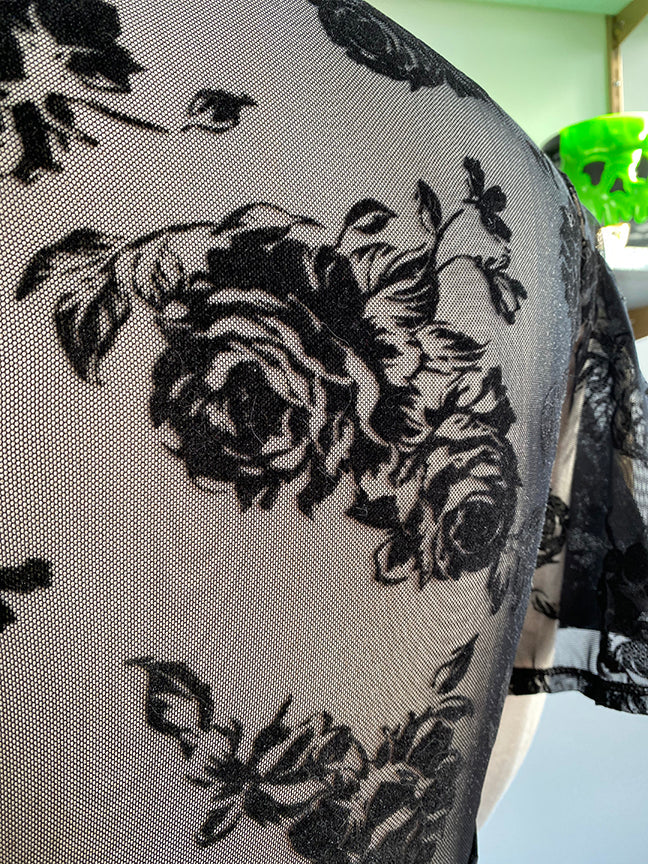 Lydia Wrap Dress in Flocked Rose Black Mesh