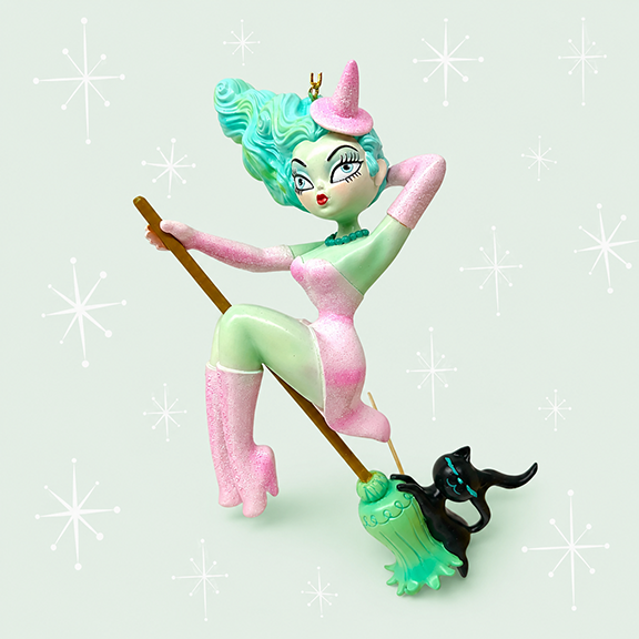 Loretta 6.5" Pastel Candy Witch on Broom Ornament | Miss Fluff December Diamonds
