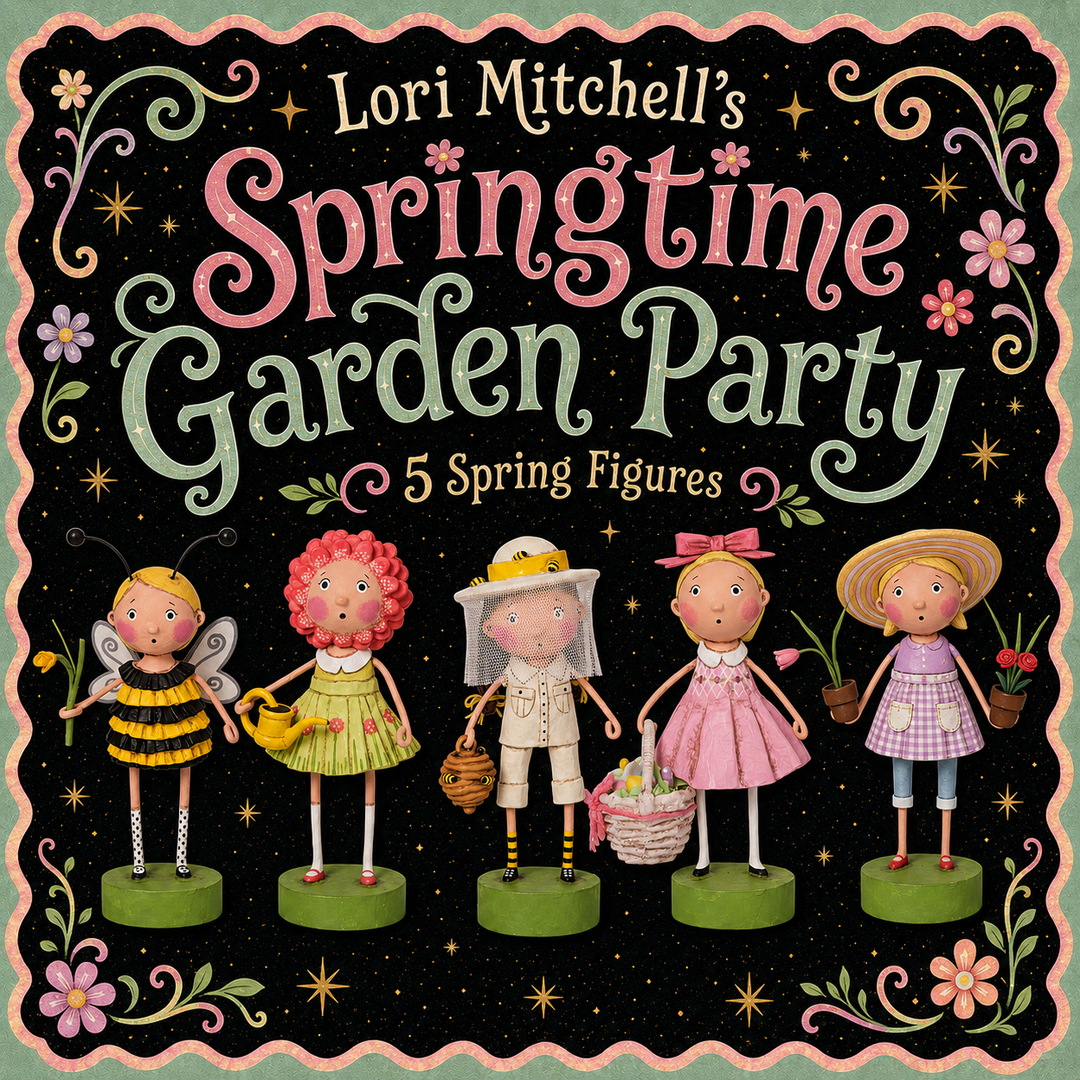 Lori Mitchell's Springtime Garden Party: 5 Spring Figures, featuring whimsical illustrated characters and decorative floral borders on a black background.