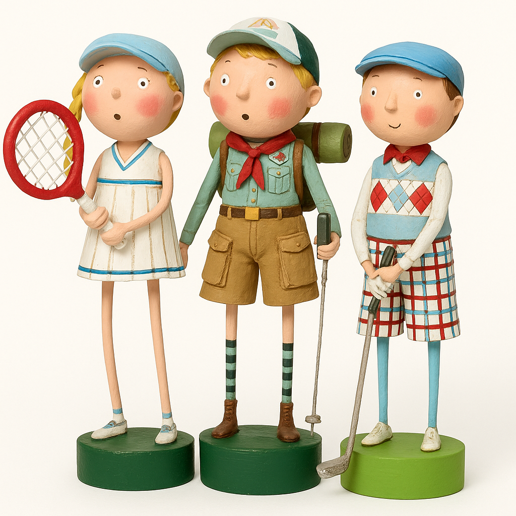 Three figurines representing a tennis player, a scout, and a golfer on green bases.